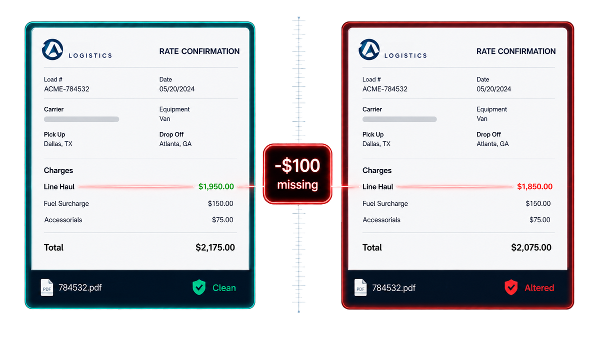 Original ratecon showing $1,950 next to an edited copy showing $1,850 — $100 missing
