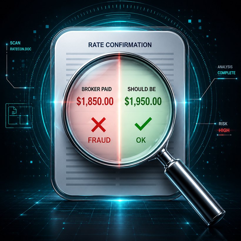 Magnifier over a RATE CONFIRMATION: BROKER PAID $1,850 marked FRAUD beside SHOULD BE $1,950 marked OK
